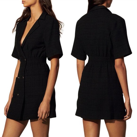NWT Sandro Alize Mini Dress Black Tweed Double Breasted Notch Lapel Short Sleeve - Picture 2 of 9